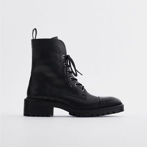 Women's Zara Studded Low-Heeled Black Leather Combat/ Motorcycle Boots. (37)